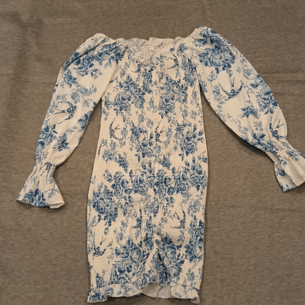 Blue and White Floral Off-Shoulder Dress